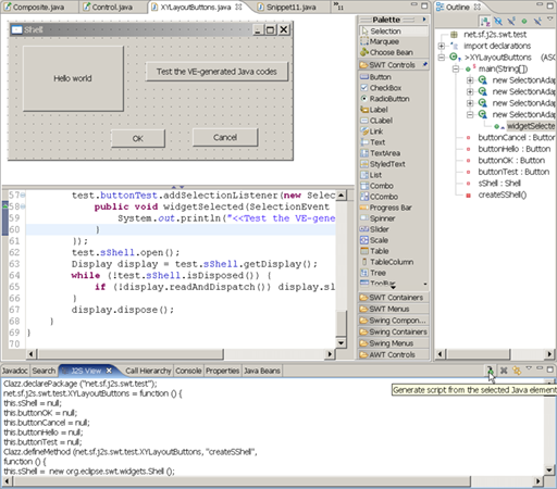 Screenshot of J2S SWT with Visual Editor